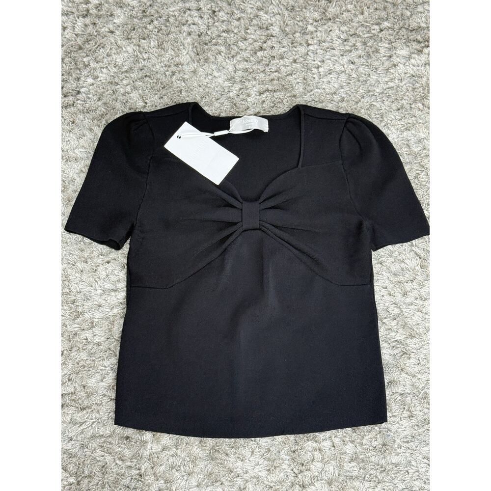 Hobemty Black Bow Front Knit Top Blouse Short Sleeve Sweetheart NWT Size S